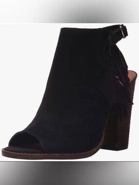 NEW Lucky Brand Suede Fringe Boho Open Toe Stacked Block Heel Sandal Shoe
